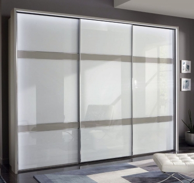 Product photograph of Rialto Pebble Grey And White Glass 3 Door Sliding Wardrobe With 2 Pebble Grey Cross Trim - 250cm from Choice Furniture Superstore