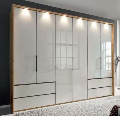 Product photograph of Asmara Bianco Oak And Pebble Grey Glass 6 Door 4 Drawer Combi Wardrobe - 300cm from Choice Furniture Superstore