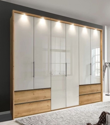 Product photograph of Asmara Bianco Oak And Pebble Grey Glass 6 Door 4 Drawer In Carcase Color Combi Wardrobe - 300cm from Choice Furniture Superstore