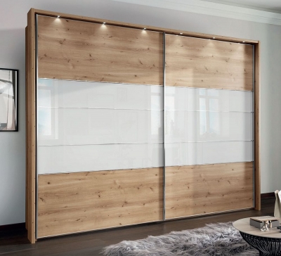 Product photograph of Wiemann Arco Oak And White Glass 2 Door Sliding Wardrobe - W 300cm from Choice Furniture Superstore