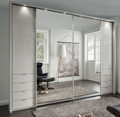 Product photograph of Wiemann Nizza White 2 Door Glass Combi Hinged And 2 Mirror Door Sliding Wardrobe With Passepartout - W 300cm from Choice Furniture Superstore