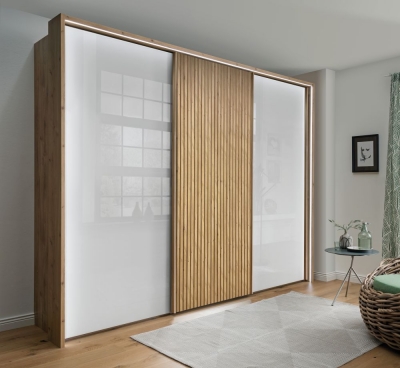 Product photograph of Wiemann Denver Sliding Wardrobe In Glass Front And Bianco Oak Decking from Choice Furniture Superstore