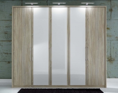 Product photograph of Wiemann Berlin 5 Door Wardrobe In Oak And White Glass - W 250cm from Choice Furniture Superstore