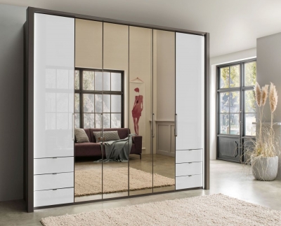 Product photograph of Kansas 6 Door Bi-fold Combi Wardrobe In Havana And White Glass - W 250cm from Choice Furniture Superstore