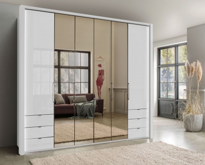 Product photograph of Kansas 6 Door Bi-fold Combi Wardrobe In White Glass - W 250cm from Choice Furniture Superstore