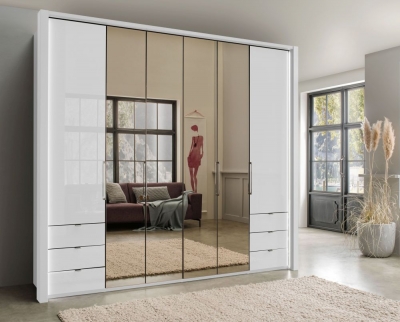 Product photograph of Wiemann Kansas 250cm White Glass 6 Door Bi-fold Combi Wardrobe from Choice Furniture Superstore