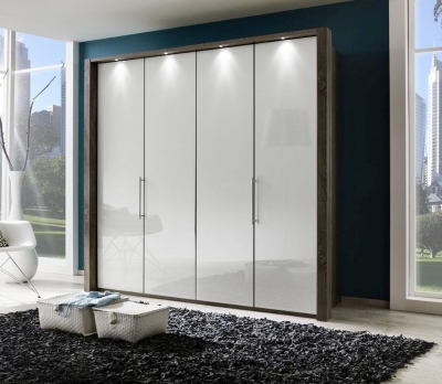 Loft 4 Door Bi Fold Wardrobe in Oak and Pebble Grey Glass - W 200cm