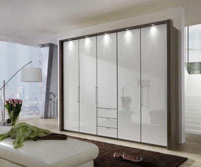 Loft 5 Door 3 Drawer Bi Fold Wardrobe in Oak and Pebble Grey Glass - W 250cm