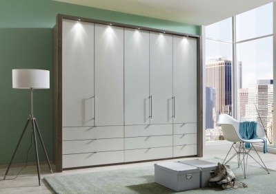 Loft 5 Door 9 Drawer Bi Fold Wardrobe in Oak and Pebble Grey Glass - W 250cm