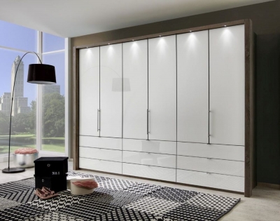 Loft 6 Door 9 Drawer Bi Fold Wardrobe in Oak and Pebble Grey Glass - W 300cm
