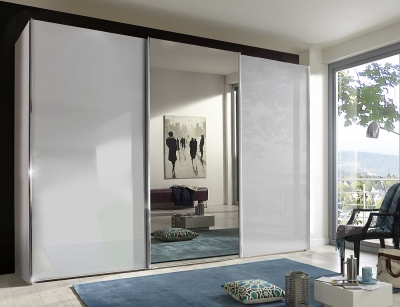 Miami Plus 3 Door Mirror Sliding Wardrobe in White Glass - W 300cm