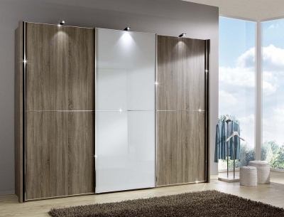Product photograph of Miami2 3 Door Sliding Wardrobe In Oak And White Glass - W 300cm from Choice Furniture Superstore