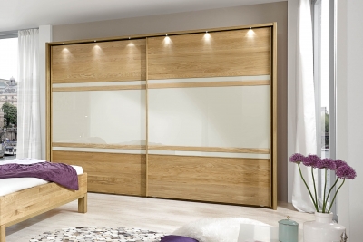 Product photograph of Modena 2 Door Sliding Wardrobe In Oak And Magnolia Glass - W 300cm from Choice Furniture Superstore
