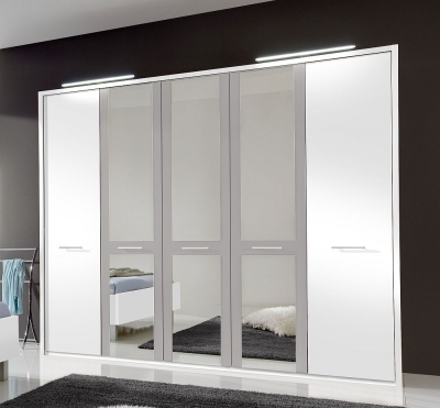 Product photograph of Wiemann Portland 250cm White And Grey 5 Door Mirror Wardrobe from Choice Furniture Superstore