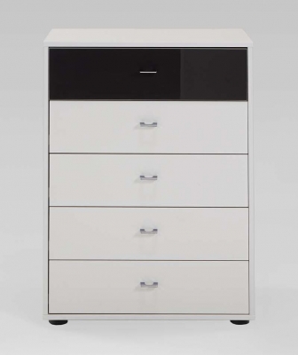 Product photograph of Tokio 5 Drawer Black Glass Top Drawer Chest In Champagne With Silver Handle from Choice Furniture Superstore