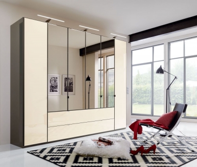 Product photograph of Wiemann Vip Eastside 300cm Magnolia Glass 6 Door Combi Wardrobe - Havana Carcase from Choice Furniture Superstore