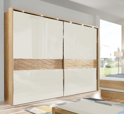 Product photograph of Wega 2 Door Sliding Wardrobe In Oak And Champagne Glass - W 300cm from Choice Furniture Superstore