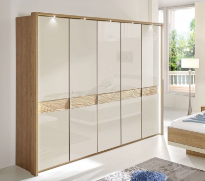 Product photograph of Wiemann Wega 250cm Oak And Champagne Glass 5 Door Wardrobe from Choice Furniture Superstore