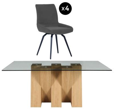 Newton 6 Seater Smoked Glass And Oak Effect Dining Set 4 Malcom Dark Grey Fabric Swivel Chair