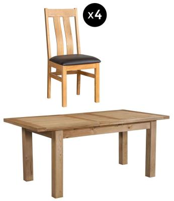 Appleby 46 Seater Oak Extending Dining Set 4 Arizona Slatted Chair With Black Faux Leather Seat Pad