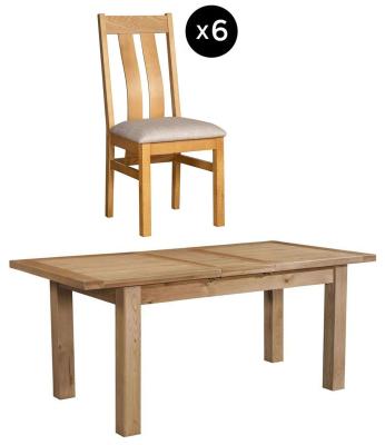 Appleby 68 Seater Oak Extending Dining Set 6 Arizona Slatted Chair With Beige Fabric Seat Pad