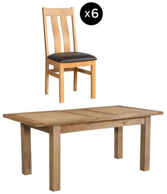 Appleby 68 Seater Oak Extending Dining Set 6 Arizona Slatted Chair With Black Faux Leather Seat Pad