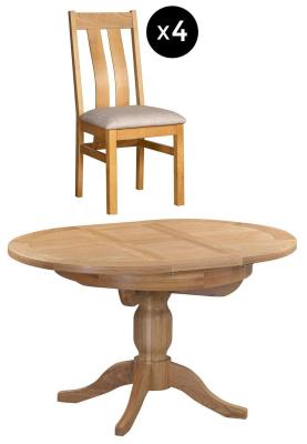 Appleby 24 Seater Oak Round Extending Dining Set 4 Arizona Slatted Chair With Beige Fabric Seat Pad