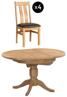 Appleby 24 Seater Oak Round Extending Dining Set 4 Arizona Slatted Chair With Black Faux Leather Seat Pad