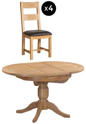 Appleby 24 Seater Oak Round Extending Dining Set 4 Ladder Back Chair With Black Faux Leather Seat Pad