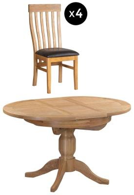 Appleby 24 Seater Oak Round Extending Dining Set 4 Toulouse Chair With Black Faux Leather Seat Pad