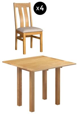 Appleby 4 Seater Oak Square Drop Leaf Dining Set 4 Arizona Slatted Chair With Beige Fabric Seat Pad