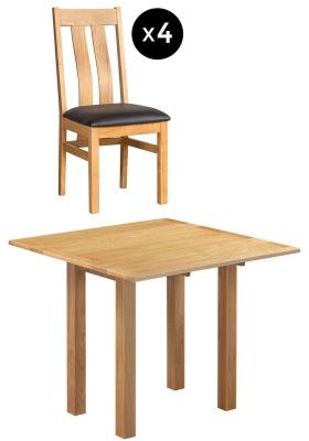 Appleby 4 Seater Oak Square Drop Leaf Dining Set 4 Arizona Slatted Chair With Black Faux Leather Seat Pad