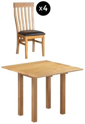 Appleby 4 Seater Oak Square Drop Leaf Dining Set 4 Toulouse Chair With Black Faux Leather Seat Pad