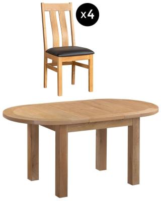 Appleby 46 Seater Oak Oval Extending Dining Set 4 Arizona Slatted Chair With Black Faux Leather Seat Pad