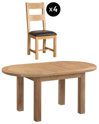 Appleby 46 Seater Oak Oval Extending Dining Set 4 Ladder Back Chair With Black Faux Leather Seat Pad