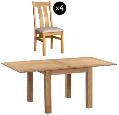 Appleby Oak 26 Seater Flip Top Extending Dining Set 4 Arizona Slatted Chair With Beige Fabric Seat Pad