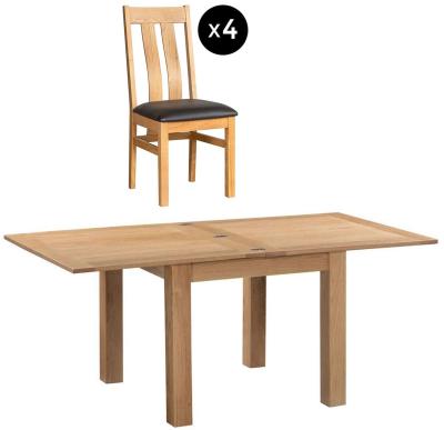 Appleby Oak 26 Seater Flip Top Extending Dining Set 4 Arizona Slatted Chair With Black Faux Leather Seat Pad