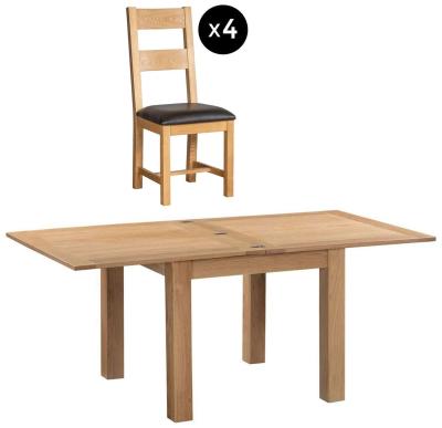 Appleby Oak 26 Seater Flip Top Extending Dining Set 4 Ladder Back Chair With Black Faux Leather Seat Pad