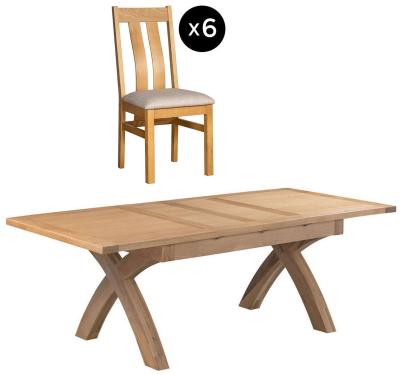 Appleby Oak 68 Seater Extending Dining Set 6 Arizona Slatted Chair With Beige Fabric Seat Pad