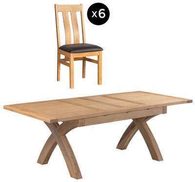 Appleby Oak 68 Seater Extending Dining Set 6 Arizona Slatted Chair With Black Faux Leather Seat Pad