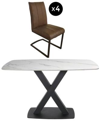 Vernal 4 Seater White Sintered Stone Dining Set 4 Tira Vintage Brown Faux Leather Cantilever Chair