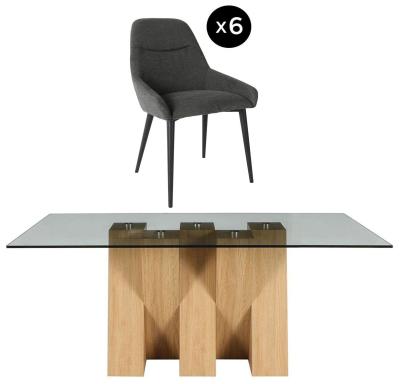 Product photograph of Newton 6 Seater Smoked Glass And Natural Dining Set - 6 Claflin Dark Grey Fabric Chair from Choice Furniture Superstore