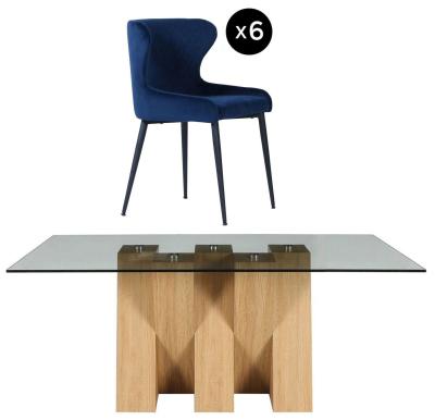 Product photograph of Newton 6 Seater Smoked Glass And Natural Dining Set - 6 Langley Blue Fabric Chair from Choice Furniture Superstore