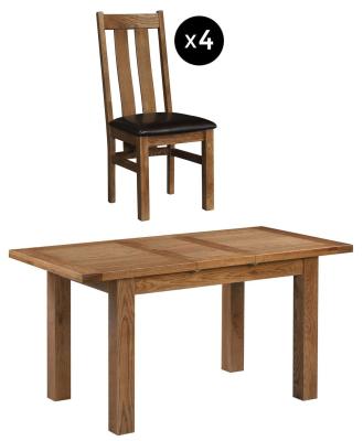 Original 46 Seater Rustic Oak Extending Dining Set 4 Arizona Slatted Chair With Dark Brown Faux Leather Seat Pad