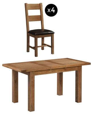 Original 46 Seater Rustic Oak Extending Dining Set 4 Ladder Back Chair With Dark Brown Faux Leather Seat Pad