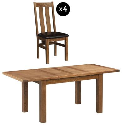 Original Rustic Oak 48 Seater Extending Dining Set 4 Arizona Slatted Chair With Dark Brown Faux Leather Seat Pad