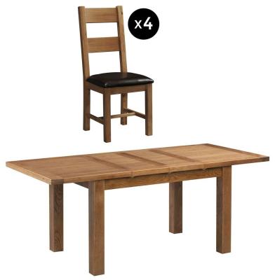 Original Rustic Oak 48 Seater Extending Dining Set 4 Ladder Back Chair With Dark Brown Faux Leather Seat Pad