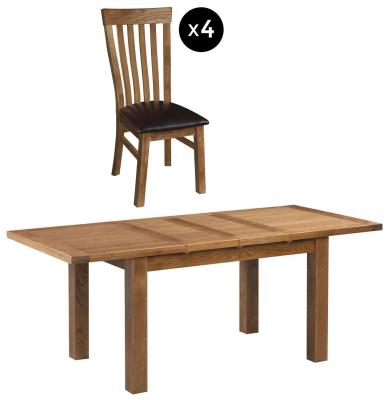 Original Rustic Oak 48 Seater Extending Dining Set 4 Toulouse Slatted Chair With Dark Brown Faux Leather Seat Pad