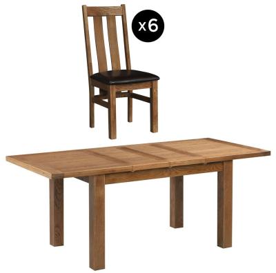 Original Rustic Oak 68 Seater Extending Dining Set 6 Arizona Slatted Chair With Dark Brown Faux Leather Seat Pad