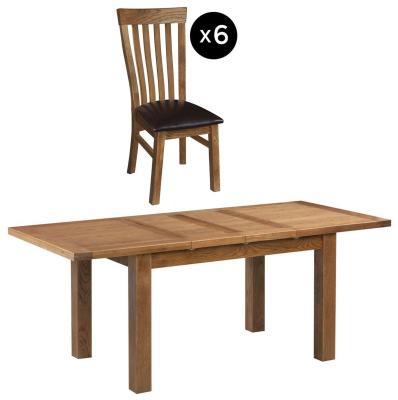 Original Rustic Oak 68 Seater Extending Dining Set 6 Toulouse Slatted Chair With Dark Brown Faux Leather Seat Pad